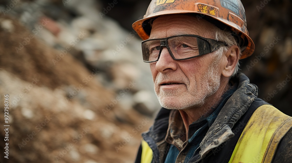 An elderly construction worker is captured at a mining site, wearing a safety helmet and vest, representing experience, effort, and the labor industry. An elderly construction worker is captured at a mining site, wearing a safety helmet and vest, representing experience, effort, and the labor industry.