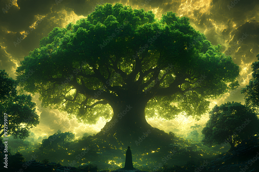a Single large green Banyan tree with thick leaves, taller than the surrounding trees a Single large green Banyan tree with thick leaves, taller than the surrounding trees
