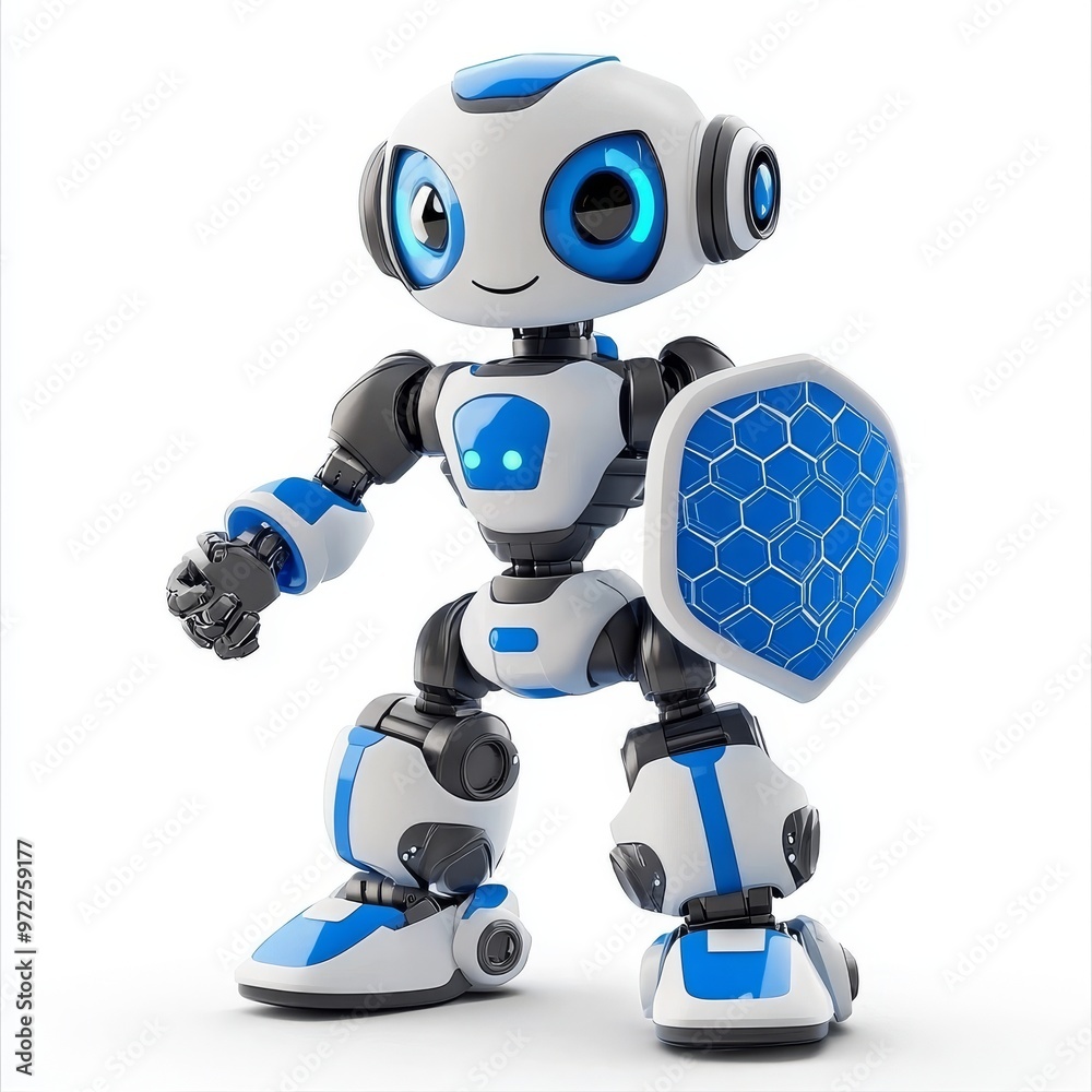 3D rendering of a robot holding a transparent shield, representing data security 3D rendering of a robot holding a transparent shield, representing data security