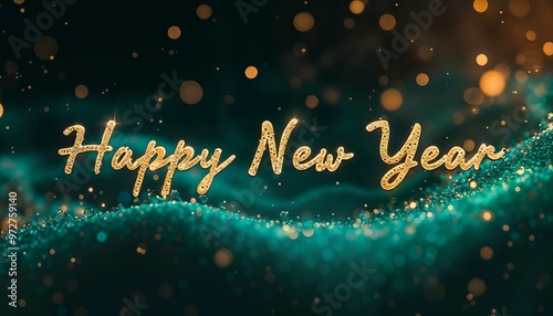 Shimmering Happy New Year golden text with sparkling teal wave against dark background photo