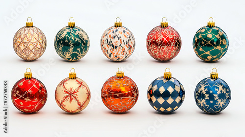 Multi colored decorative Christmas balls on white