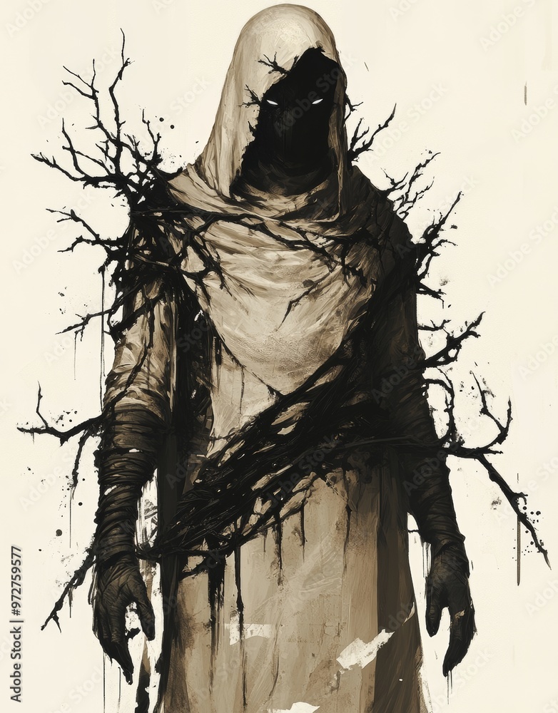 Dark Fantasy Horror Movie Terrible Character Art Work with Demon of Death with Thorn Tentacles in Black Mantle Hood. 3D Conceptual Illustration. Dark Fantasy Horror Movie Terrible Character Art Work. Dark Fantasy Horror Movie Terrible Character Art Work with Demon of Death with Thorn Tentacles in Black Mantle Hood. 3D Conceptual Illustration. Dark Fantasy Horror Movie Terrible Character Art Work.