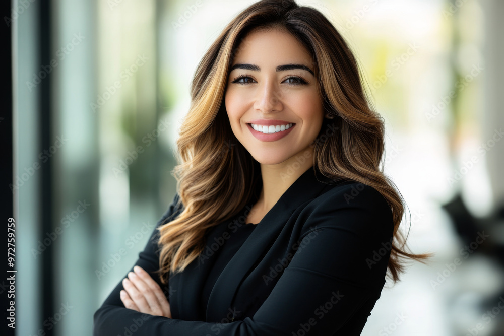 latina beautiful business woman of 30 years old, light skin, with soft waves brown hair, smiling, wearing a black suit and standing in the office latina beautiful business woman of 30 years old, light skin, with soft waves brown hair, smiling, wearing a black suit and standing in the office