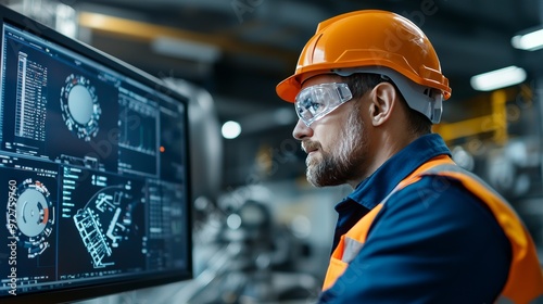 Chemical plant worker inspecting production in the control room, Ultra HD, 8K, detailed machinery and control screens