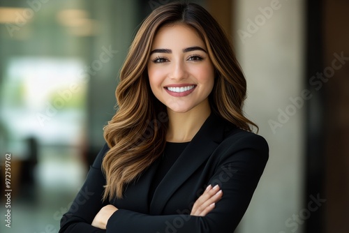 latina beautiful business woman of 30 years old, light skin, with soft waves brown hair, smiling, wearing a black suit and standing in the office