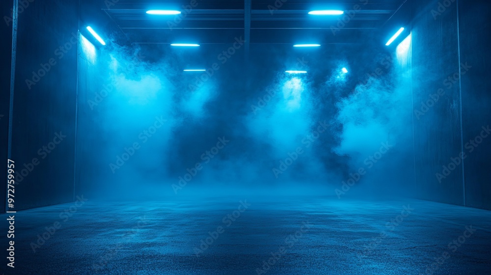 Obraz premium A dark empty street, dark blue background, an empty dark scene, neon light, spotlights The asphalt floor and studio room with smoke float up the interior texture. night view