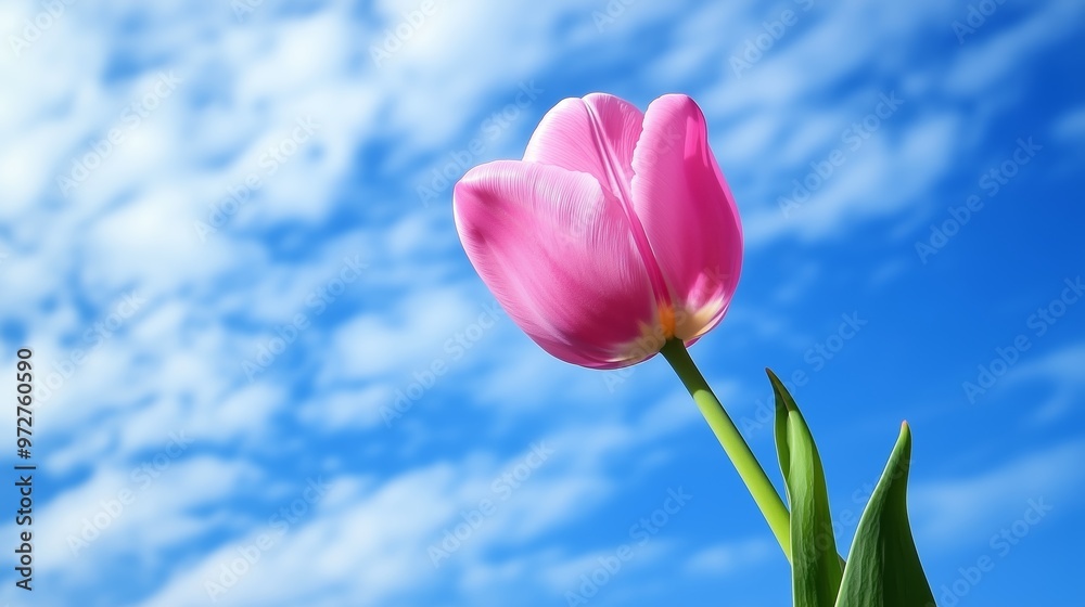 Fototapeta premium A single pink tulip reaching towards a bright blue sky with fluffy white clouds on a sunny day