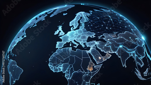 Social network on earth with blue light and blue background
