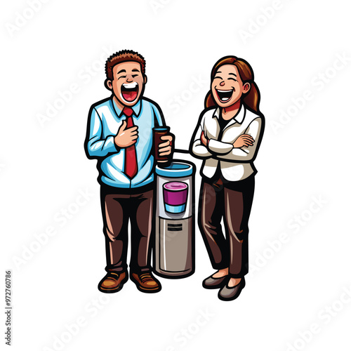 Two colleagues laughing together at work, one holding a cup of coffee.