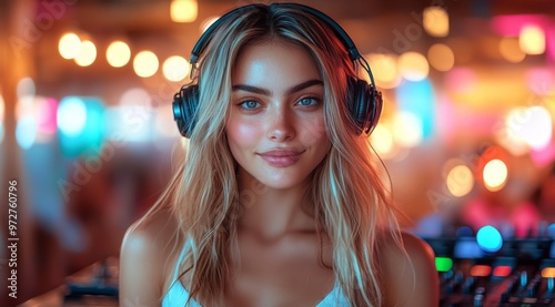  A beautiful blonde woman DJ with headphones in front of the camera, behind her is an elegant nightclub with lights. 