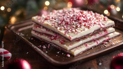 Making peppermint bark with layers of dark and white chocolate, topped with crushed candy canes on a festive tray. 4K hyperrealistic photo. photo