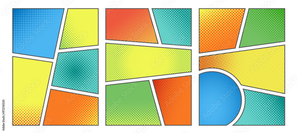Set of colorful halftone comic manga book template screentone page. Pop art halftone frame background with dot effects. Vector cartoon illustration Set of colorful halftone comic manga book template screentone page. Pop art halftone frame background with dot effects. Vector cartoon illustration