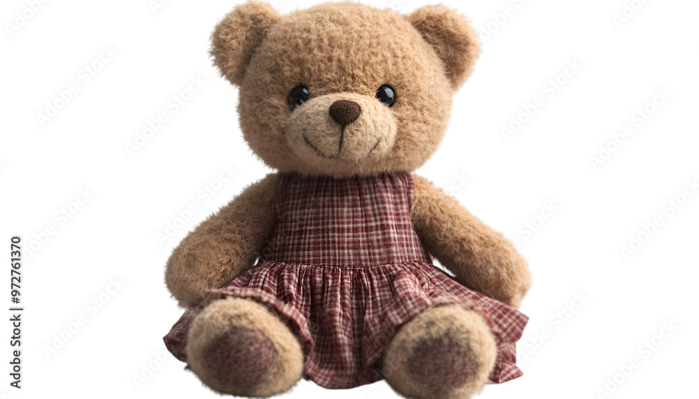 Obraz premium A brown teddy bear dressed in a colorful dress, sitting upright with a cheerful expression.