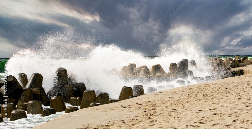 stormy waves at the tetrapods on Sylt