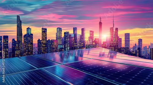 Solar energy panel, city twilight backdrop, colorful urban skyline, renewable energy concept, eco-friendly