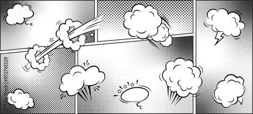 Set of comic manga book screentone with dialog speech bubbles. Pop art style halftone background with blank balloons. Vector illustration of retro cartoon stickers