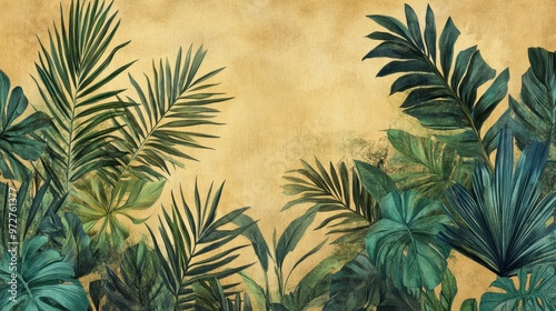 Wallpaper Mural Tropical jungle leaves against a textured golden background, creating an exotic and lush scenery. Torontodigital.ca