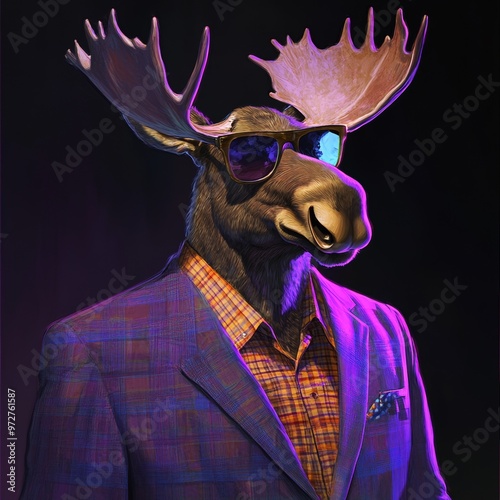 The picture shows a moose wearing a suit as a mascot, which is a fun character derived from stock. photo