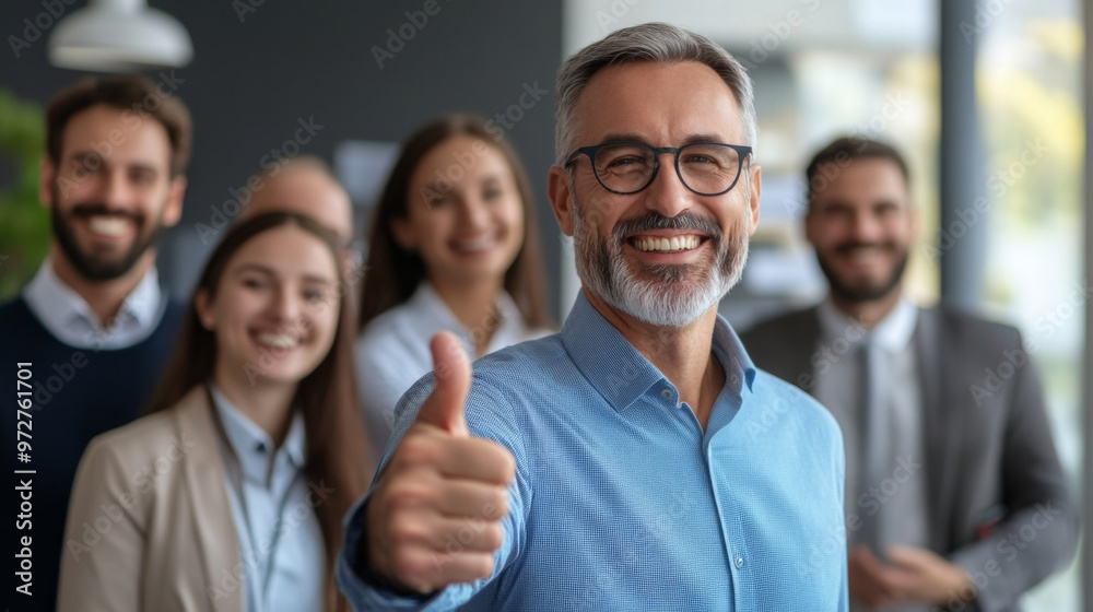 A CEO congratulating an employee in a casual office setting, giving a thumbs up, with smiling team members around, emphasizing positive feedback and encouragemen A CEO congratulating an employee in a casual office setting, giving a thumbs up, with smiling team members around, emphasizing positive feedback and encouragemen