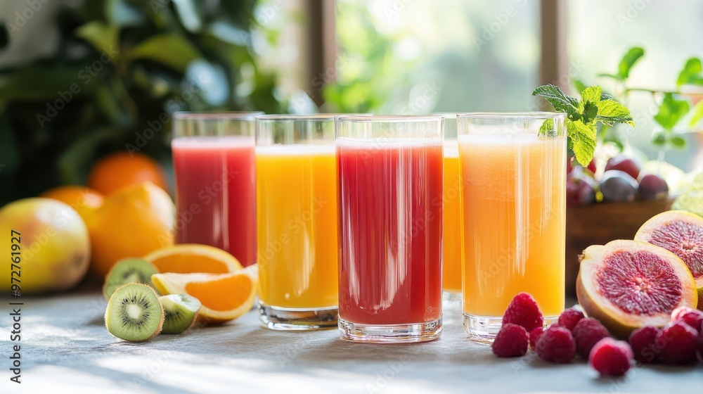 A variety of colorful fruit juices in tall glasses, arranged on a bright table with fresh fruits A variety of colorful fruit juices in tall glasses, arranged on a bright table with fresh fruits