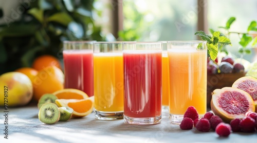 A variety of colorful fruit juices in tall glasses, arranged on a bright table with fresh fruits