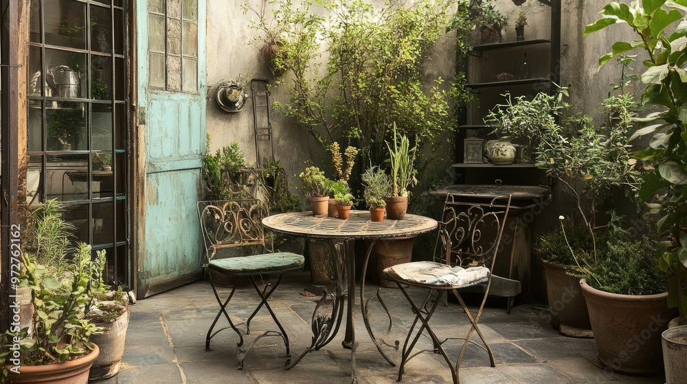 Fototapeta premium A rustic outdoor patio featuring vintage metal furniture and potted plants