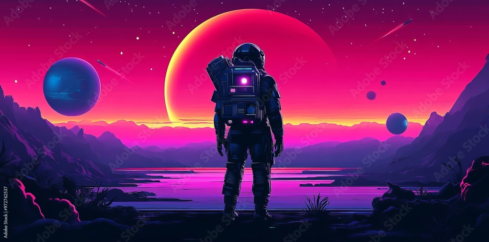 Obraz premium This is a raster illustration of an astronaut wearing a helmet. The robotic humans of the future in cyberpunk style. Space suit, northern lights in the distance, neon glow, and cosmonaut.