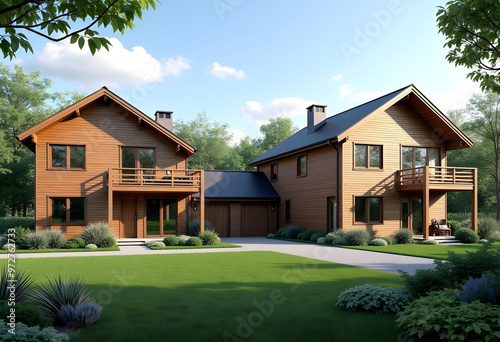 Two Wooden Homes with Balconies and Garage in a Forest Setting