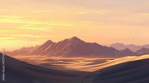 A calm desert landscape at dusk, with towering sand dunes casting long shadows, and the last light of the day fading behind the distant mountains.