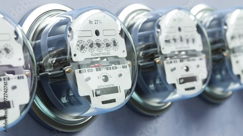 Electric meters in a row measuring power use. Electricity consumption concept. Looped 3d animation
