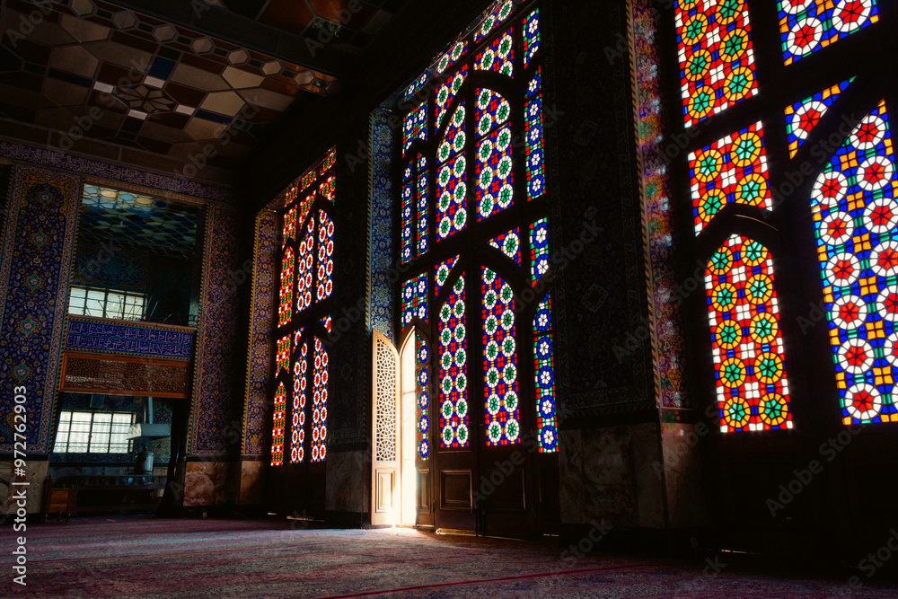 custom made wallpaper toronto digitalInterior of a mosque in Yazd, Iran with stained glass doors and windows and red Persian carpets.