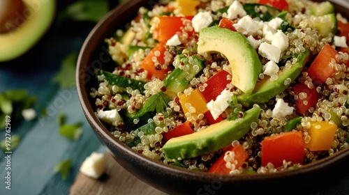 A vibrant bowl of quinoa salad with fresh vegetables, avocado slices, and a sprinkle