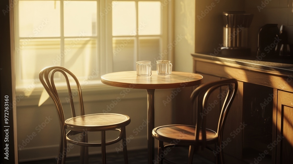 A small round bistro table with two chairs, fitting perfectly into a sunlit corner of a compact urban kitchen A small round bistro table with two chairs, fitting perfectly into a sunlit corner of a compact urban kitchen