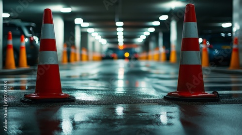 Urban Infrastructure Control - Barrier at Parking Entry in Underground Garage near Mall with Striped Cones and Metal Bars, City Traffic Regulation, Copy Space