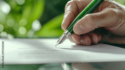  a hand signing a contract for carbon emissions reduction, with a green-themed pen and eco-friendly paperwork