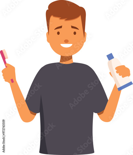 Cartoon man is smiling while holding a toothbrush and toothpaste, promoting the importance of oral hygiene