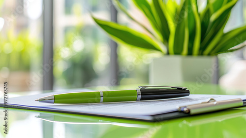 a carbon emissions reduction agreement on a desk with a green pen and a background of green office decor photo