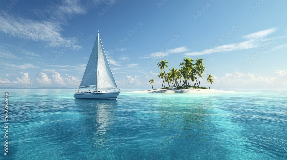 Obraz premium A lone sailboat anchored near a tropical island, crystal-clear water surrounding it, with palm trees swaying gently in the distance under a vibrant blue sky.