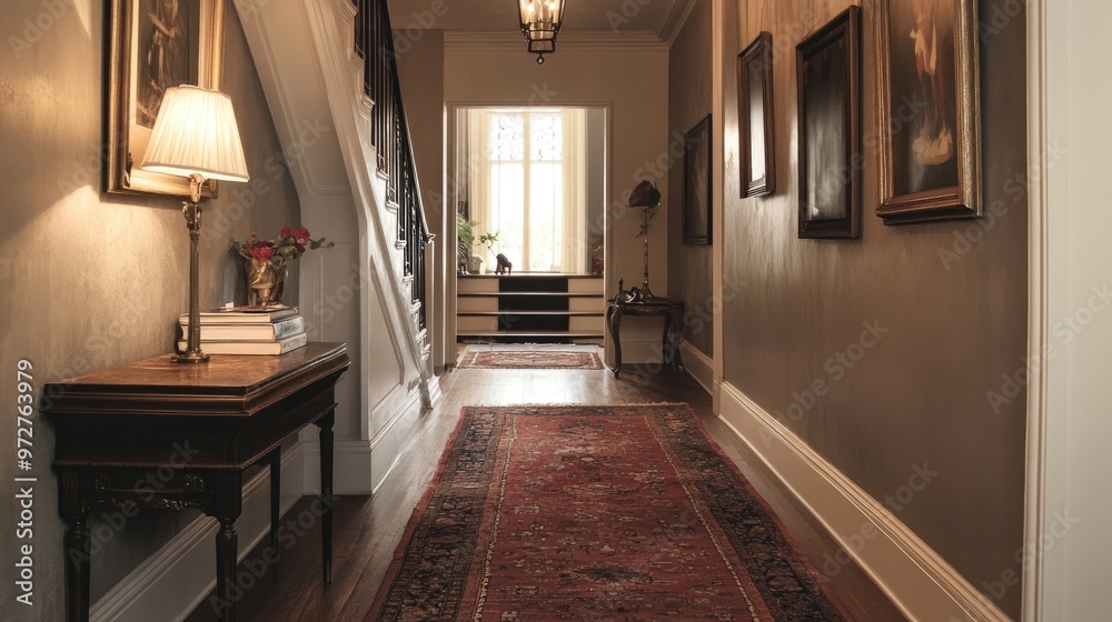 A stylish hallway with an antique console table and vintage artwork on the walls A stylish hallway with an antique console table and vintage artwork on the walls