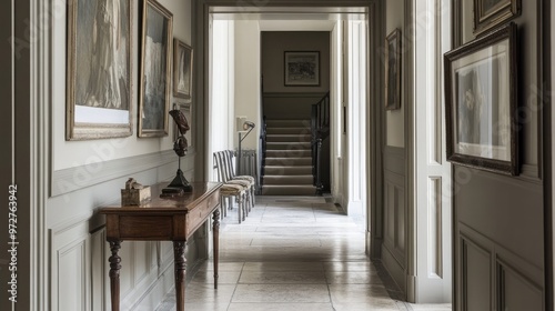 A stylish hallway with an antique console table and vintage artwork on the walls