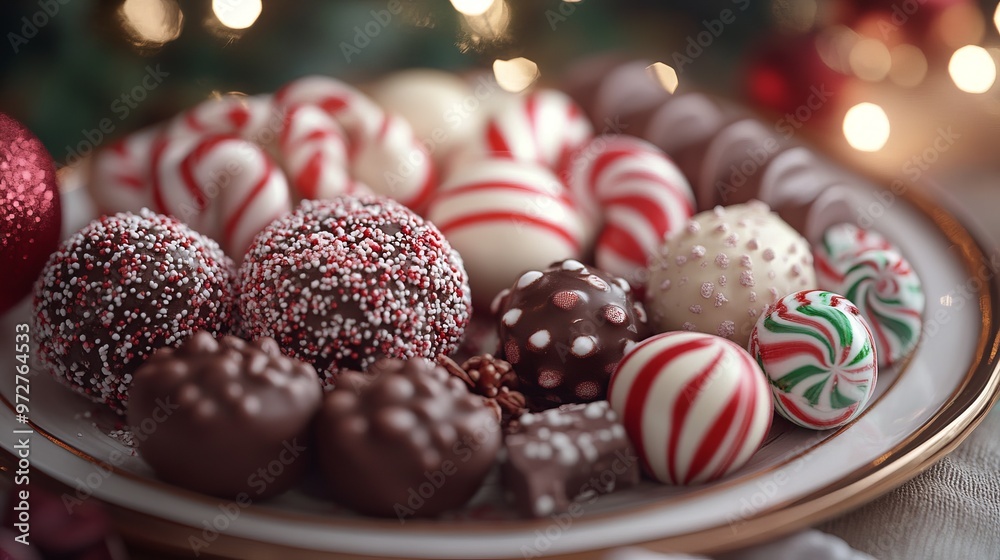 Obraz premium Christmas sweets like peppermint bark, candy canes, and chocolate truffles, arranged on a festive platter ready to be shared. 4K hyperrealistic photo.