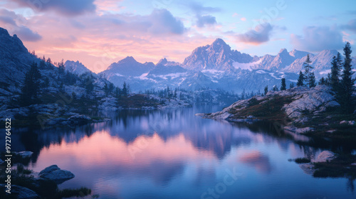 A serene mountain lake at sunrise, with the water reflecting the surrounding peaks and the sky filled with the first light of day.