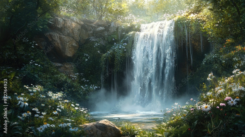 A picturesque waterfall cascading down a rocky cliff into a pool below, surrounded by lush greenery and wildflowers in a remote nature reserve. A picturesque waterfall cascading down a rocky cliff into a pool below, surrounded by lush greenery and wildflowers in a remote nature reserve.