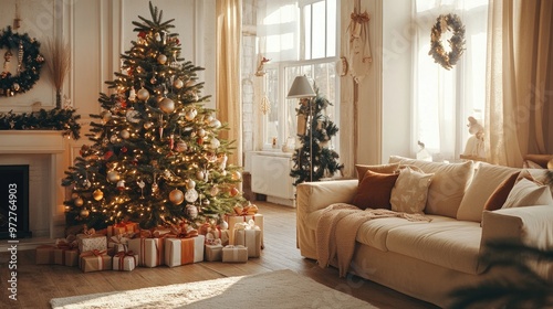 Cozy living room with a beautifully decorated Christmas tree, gifts under it