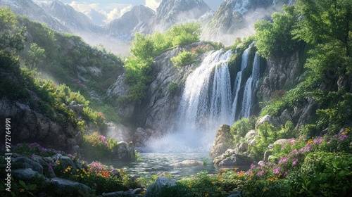 A picturesque waterfall cascading down a rocky cliff into a pool below, surrounded by lush greenery and wildflowers in a remote nature reserve.