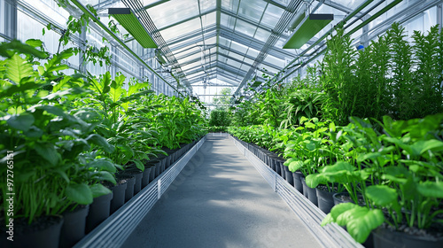 a modern greenhouse with automated irrigation and climate control systems