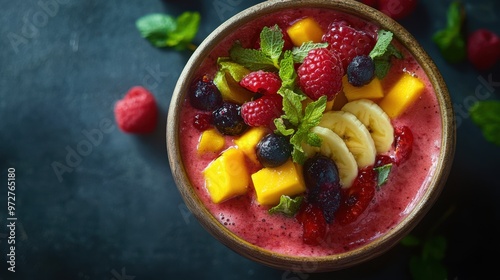 A vibrant fruit juice bowl with a mix of berries, mango, and banana, blended into a smooth