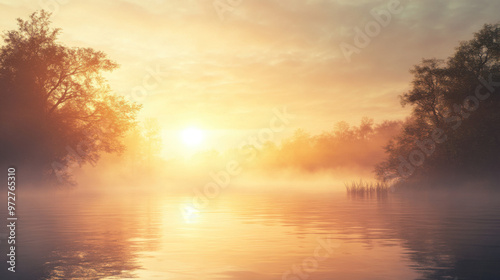 A misty river at sunrise, with the sun rising above the water and the sky glowing in soft, warm hues.