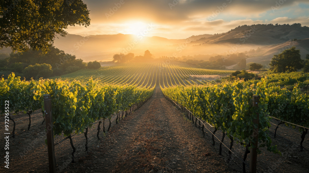Fototapeta premium A tranquil sunrise over a vineyard, with rows of grapevines illuminated by the soft morning light and the distant hills glowing.