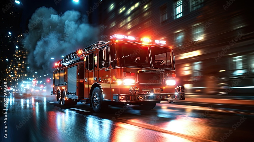 A shiny red fire truck speeding down a city street with flashing lights ...